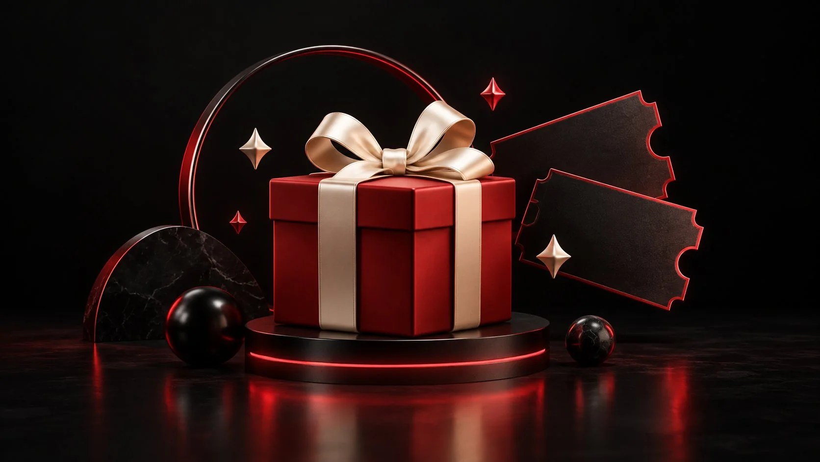 Red gift box with an ivory ribbon and promotional tickets