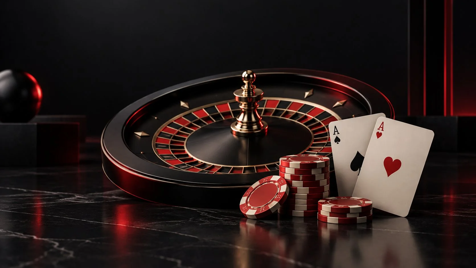 Roulette wheel, playing cards and red casino chips