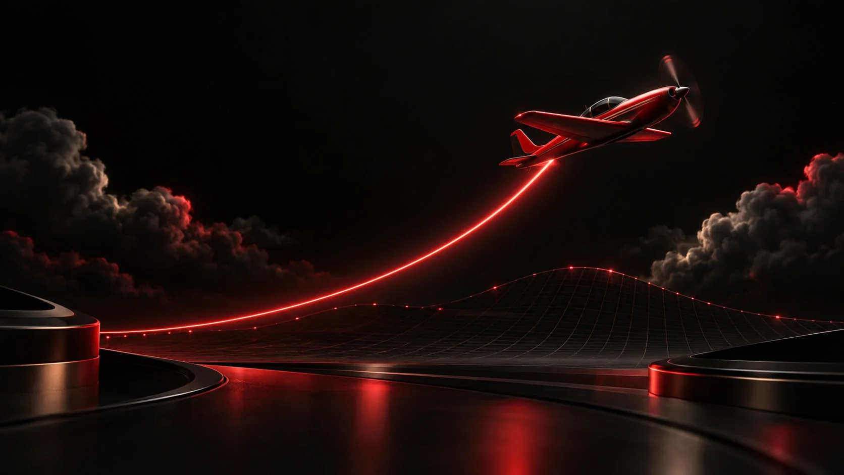 Red airplane following a glowing flight trail above a dark grid
