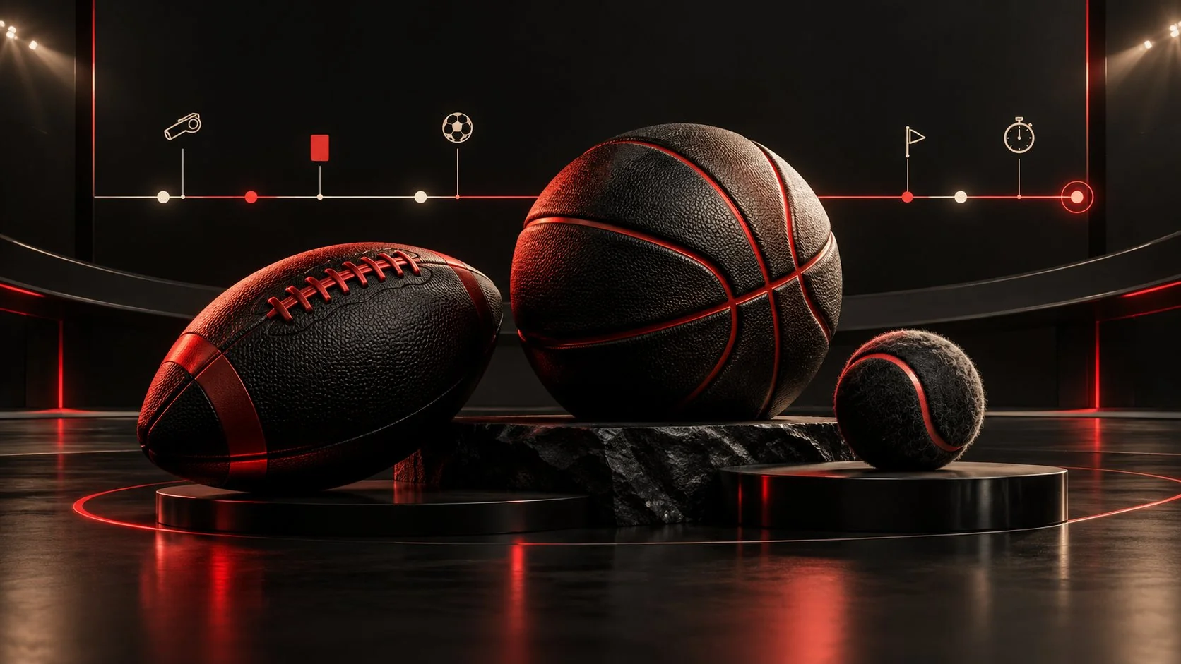 Football, basketball and tennis balls with a live match timeline