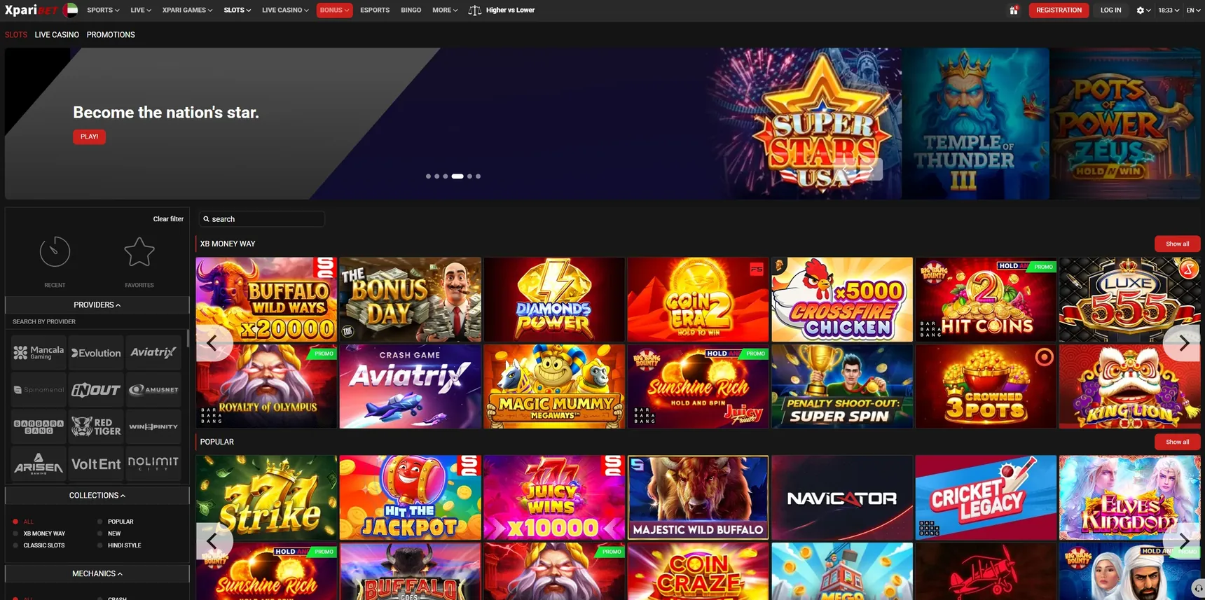 Xparibet casino lobby with slots and crash games