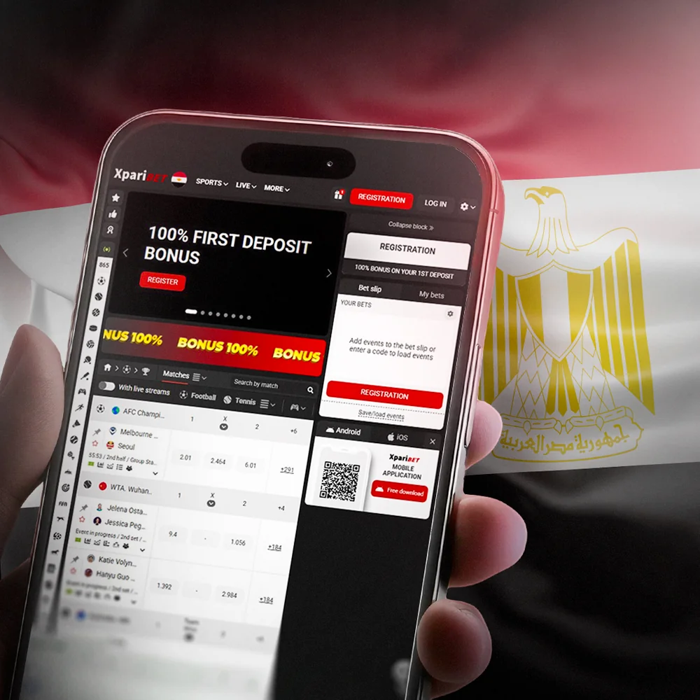 Xparibet interface in English on a phone against the Egyptian flag